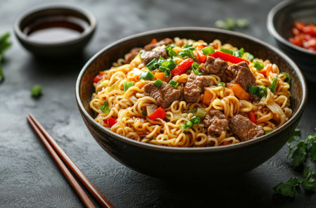 A warm bowl of stir fried noodles topped with savory beef, red peppers, and green onions creates a comforting dish in a dark, cozy kitchen atmosphere, inviting you to enjoy a flavorful meal.の素材