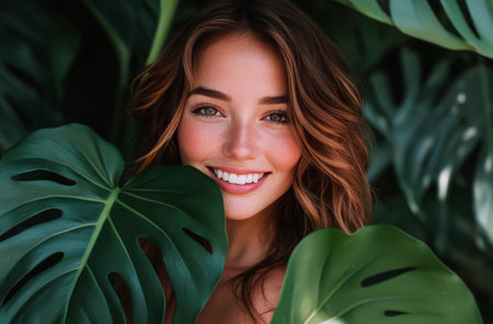 A young woman with wavy hair stands close to large green leaves, smiling brightly. The setting is vibrant and tropical, filled with rich foliage and natural light.の素材
