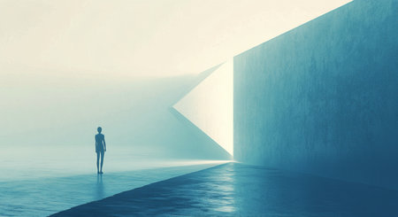 A solitary figure stands in a dimly lit environment where a vibrant blue light creates a striking contrast against a sharp beam of white light. The atmosphere feels both serene and mysterious.の素材