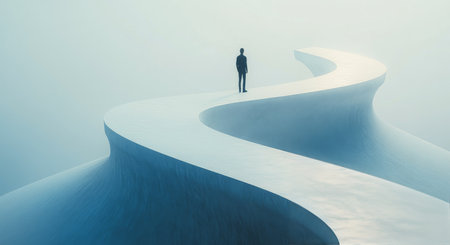 A lone person stands on a smooth, curving pathway surrounded by a thick fog. The early morning light adds a serene atmosphere to the surreal scene, emphasizing solitude and contemplation.の素材