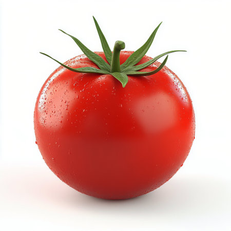A vibrant red tomato sits alone, covered in tiny water droplets, displaying its freshness against a plain white background, highlighting its rich color and smooth surface.の素材
