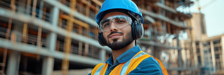 A construction worker stands confidently on a busy building site, dressed in a high visibility vest and hard hat. He wears ear protection while overseeing the ongoing construction activities.の素材