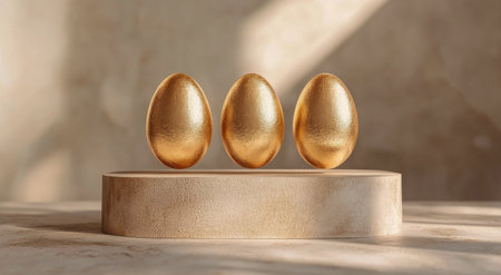 Two shimmering golden eggs are placed on a smooth white pedestal, creating a striking contrast against a neutral background. The scene evokes a sense of luxury and simplicity.の素材