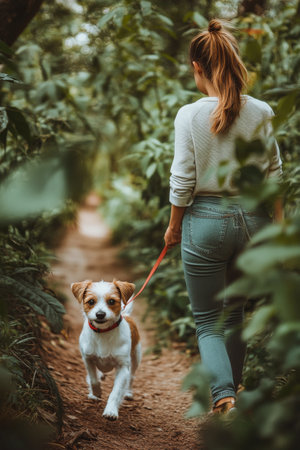 A woman strolls along a narrow path in a dense green area, enjoying the company of her energetic dog, both appearing happy in the warm afternoon light.の素材