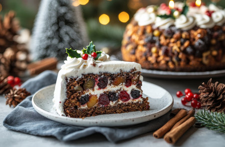 A beautifully presented slice of layered cake with cream and berries sits on a plate, surrounded by festive decorations. The warm glow of candles and holiday elements create a cozy atmosphere.の素材