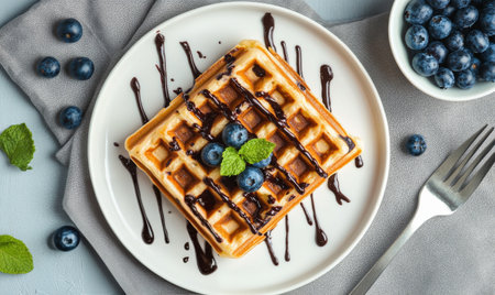A tempting plate of waffles is served with fresh blueberries and banana slices, drizzled with chocolate syrup. The setting is perfect for a delightful breakfast treat.の素材