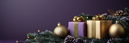 A cheerful display features purple gift boxes adorned with gold ribbons, surrounded by shiny ornaments and evergreen branches, creating a vibrant holiday atmosphere perfect for celebrations.の素材