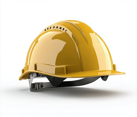 The hard hat features a glossy finish and is designed for safety in construction environments. It sits alone on a clean surface, reflecting light beautifully.の素材