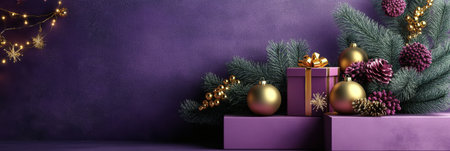 A cheerful display features purple gift boxes adorned with gold ribbons, surrounded by shiny ornaments and evergreen branches, creating a vibrant holiday atmosphere perfect for celebrations.の素材