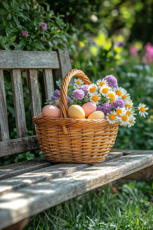A wicker basket filled with beautifully colored eggs sits on a rustic wooden bench. Surrounding it are vibrant purple flowers, creating a charming garden atmosphere.の素材