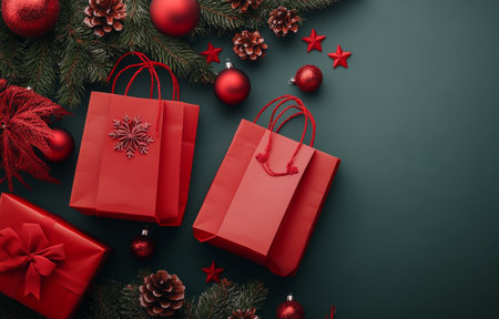 Red shopping bags are arranged amidst Christmas ornaments, pine branches, and red berries, creating a festive atmosphere. Perfect for holiday gift giving inspiration and seasonal cheer.の素材