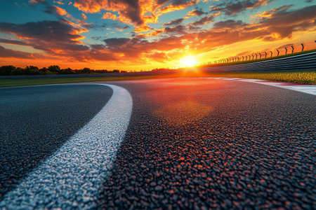 The view captures a racetrack winding into the horizon, illuminated by a stunning sunset. Warm colors fill the sky, contrasting with the textured asphalt beneath.の素材