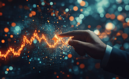 A hand points at a glowing digital graph showing increasing trends against a blurred colorful background. The environment suggests a high tech analysis space during a night setting.の素材
