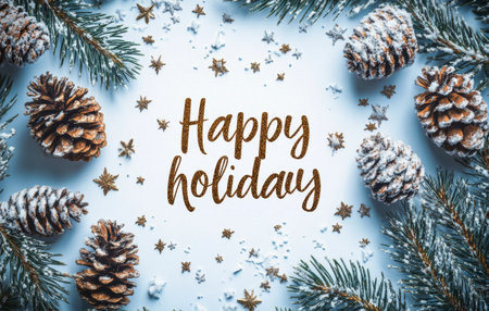 Evergreen branches dusted with snow frame the festive message wishing a happy holiday, complemented by pinecones adding a natural touch to the winter scene.の素材