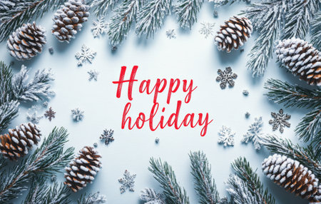 Evergreen branches dusted with snow frame the festive message wishing a happy holiday, complemented by pinecones adding a natural touch to the winter scene.の素材