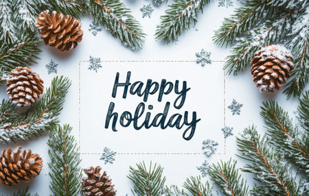 Evergreen branches dusted with snow frame the festive message wishing a happy holiday, complemented by pinecones adding a natural touch to the winter scene.の素材