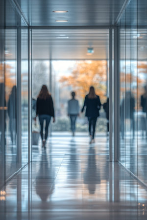 A figure moves gracefully through a sleek glass corridor, with soft reflections and warm autumnal colors filtering in from outside as daylight begins to fade.の素材