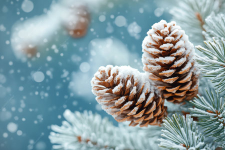 Two pine cones dusted with snow sit on evergreen branches as soft snowflakes gently fall in a tranquil winter setting, creating a peaceful and serene atmosphere.の素材