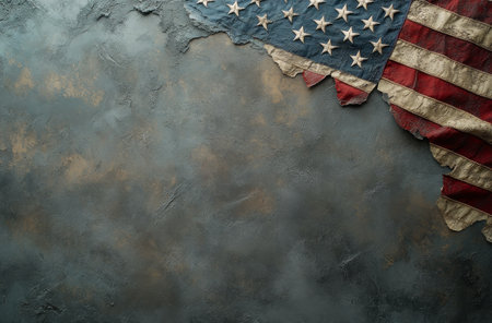 The American flag is elegantly draped against a smooth gray backdrop, highlighting its vibrant colors and distinct stars. The composition evokes a sense of patriotism and simplicity.の素材