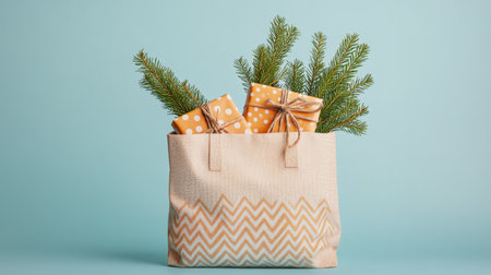 A decorative tote bag filled with festive pine branches and wrapped gifts sits against a light blue backdrop, creating a cheerful holiday atmosphere perfect for seasonal celebrations.の素材