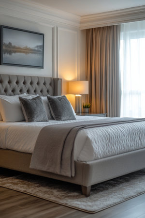 This beautifully designed bedroom showcases a plush bed with decorative pillows, soft lighting, and large windows allowing natural light to fill the room, creating a warm and inviting atmosphere.の素材