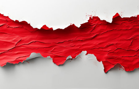 A piece of red paper is ripping away, exposing a clean white surface behind it. The edges of the tear are jagged, adding texture, while red paint splatters enhance the dramatic effect.の素材