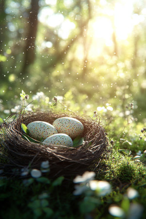 The serene scene features a nest containing three speckled eggs, nestled in a bed of vibrant green grass and delicate flowers during early morning light.の素材
