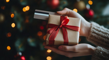 A pair of hands presents a gift adorned with a red ribbon, with a festive Christmas tree in the background decorated in warm lights and ornaments, capturing the joy of the holiday season.の素材
