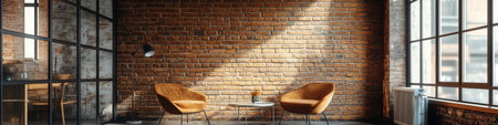 A warm and inviting cafe showcases exposed brick walls, a vintage orange sofa, and stylish lighting fixtures. Sunlight streams through large windows, creating a relaxing atmosphere for patrons.の素材