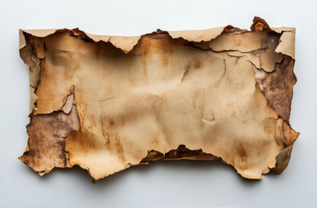 A piece of crumpled brown paper showcases its torn edges and weathered texture, resting flat on a clean white surface, highlighting its organic and recycled appearance.の素材