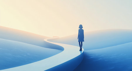 A solitary figure stands in a dimly lit environment where a vibrant blue light creates a striking contrast against a sharp beam of white light. The atmosphere feels both serene and mysterious.の素材