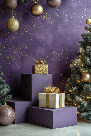 Presents sit on purple pedestals beside festive trees adorned with twinkling lights and golden ornaments. The rich background adds a touch of elegance to the holiday setting.の素材