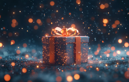 A beautifully wrapped gift box sits at the center, embellished with a bright ribbon, surrounded by glowing fairy lights and festive ornaments, evoking a warm holiday atmosphere.の素材