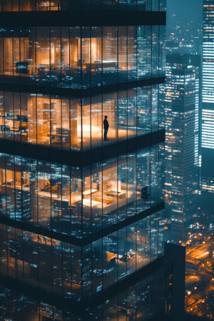 The figure stands on a glass balcony, overlooking a vibrant cityscape filled with illuminated skyscrapers. The contrast of lights creates a stunning urban panorama at night.の素材