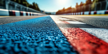 The view along a racetrack showcases a vibrant start line bordered by trees, bathed in bright sunlight, inviting excitement for upcoming races.の素材