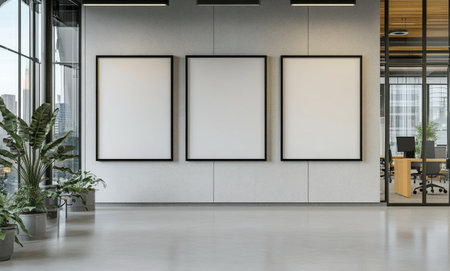 A contemporary indoor area features two stylish chairs and a small table, surrounded by lush greenery and three empty frames on the wall, creating an inviting atmosphere for relaxation.の素材