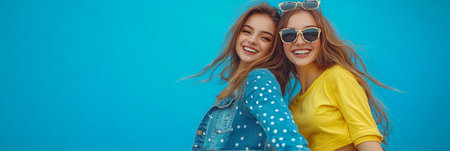 Two young women laugh and embrace the sunny weather, dressed in denim while standing against a vibrant blue sky, radiating joy and friendship.の素材