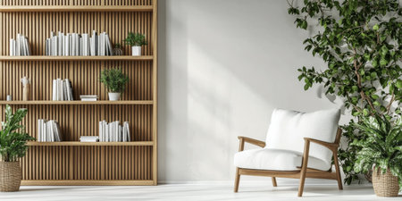 This cozy reading nook features a white armchair beside tall wooden shelves filled with books. Lush green plants bring life to the space, bathed in natural light from large windows.の素材