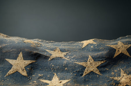 A tattered American flag, characterized by its faded stars and distressed fabric, lies against a dark backdrop, highlighting its historical significance and wear over time.の素材