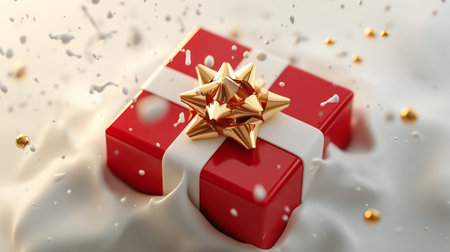 A beautifully wrapped gift box features a vivid red ribbon and a decorative floral accent on top.の素材