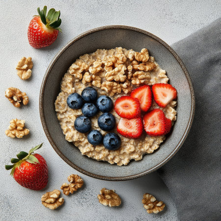 A nourishing breakfast bowl filled with creamy oatmeal topped with fresh strawberries, blueberries, and crunchy walnuts, arranged beautifully for a delightful start to the day.の素材