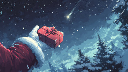 Amidst falling snow, Santas gloved hand extends as a gift floats through the night sky, illuminated by a distant star.の素材