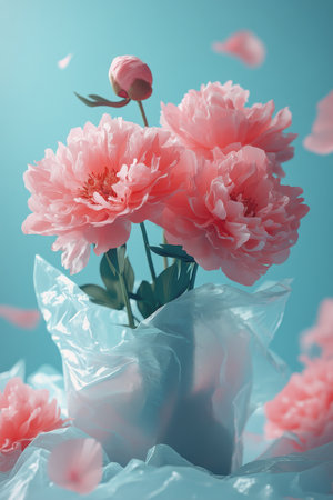A bouquet of pink peonies is arranged in a transparent vase, set against a soft blue backdrop with delicate petals floating around, creating a serene and elegant atmosphere.の素材