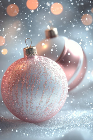 Beautiful pink and white ornaments sparkle softly against a blurred background filled with warm lights. The decorative pieces embody the joy and spirit of the holiday season.の素材