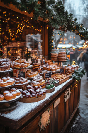 This charming market stall features an array of freshly baked pastries and desserts, decorated with festive lights and holiday ornaments, creating a warm atmosphere during the evening.の素材
