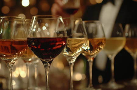 A bartender in a white shirt is carefully selecting from a row of wine glasses filled with red and white wines in a cozy, dimly lit bar. The warm lighting enhances the atmosphere.の素材