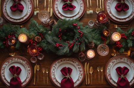 A beautifully arranged dining table features fine china, gold utensils, and festive decorations. Greenery, red candles, and glassware create a warm atmosphere for a holiday gathering.の素材