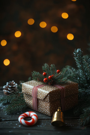 A charming gift wrapped in delicate paper rests on a rustic surface, adorned with evergreen branches, candy canes, and ornaments, creating a cozy holiday atmosphere.の素材