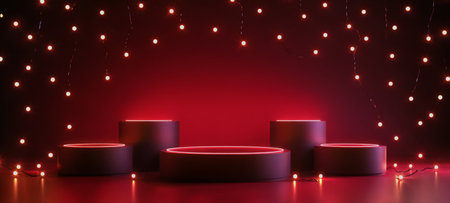 Three flat circular platforms are illuminated by vibrant red LED lights along their edges, creating an eye catching visual effect against a smooth, dark backdrop.の素材