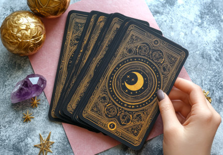 A hand holds a tarot card featuring intricate gold designs, surrounded by additional cards on a pink surface. Sparkly stars and amethyst crystals add a mystical aura to the setting.の素材